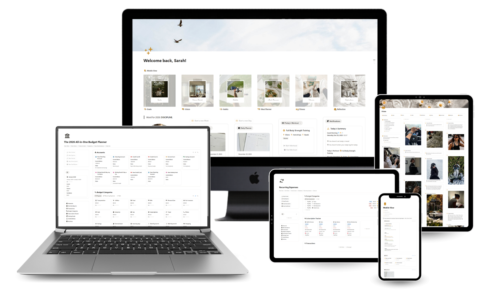 The Adulting Bundle: all four templates shown across laptop, desktop, tablet and phone